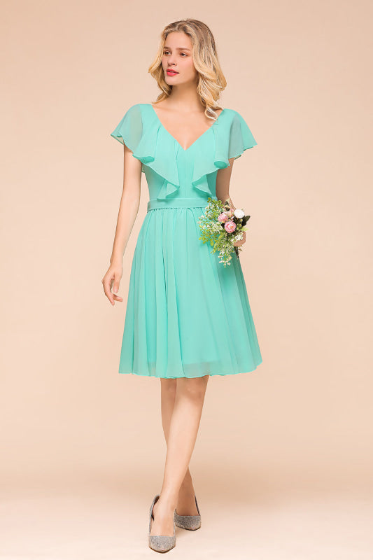 V-Neck Ruffle Chiffon Mini Bridesmaid Dresses