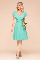 V-Neck Ruffle Chiffon Mini Bridesmaid Dresses