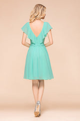 V-Neck Ruffle Chiffon Mini Bridesmaid Dresses