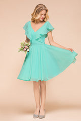 V-Neck Ruffle Chiffon Mini Bridesmaid Dresses