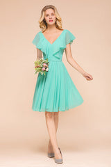 V-Neck Ruffle Chiffon Mini Bridesmaid Dresses