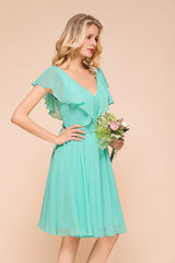 V-Neck Ruffle Chiffon Mini Bridesmaid Dresses
