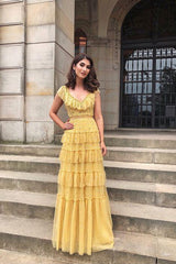 V Neck Ruffles Yellow Tulle Long Prom Dress
