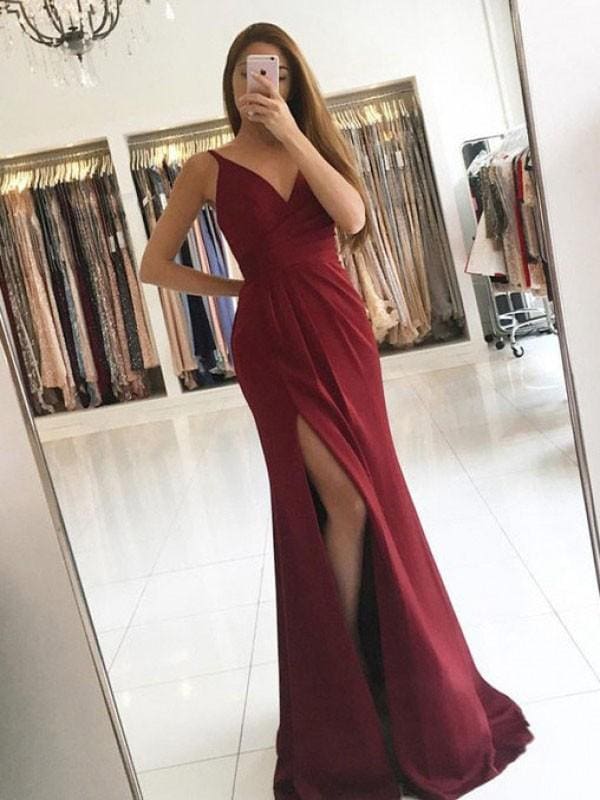 V-Neck Ruffles Satin Long Prom Dresses with Slit