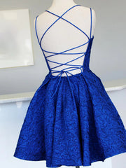 V couche en V Backless Back Blue en dentelle de bal, ouvri les robes de retour formelles en dentelle bleue courte