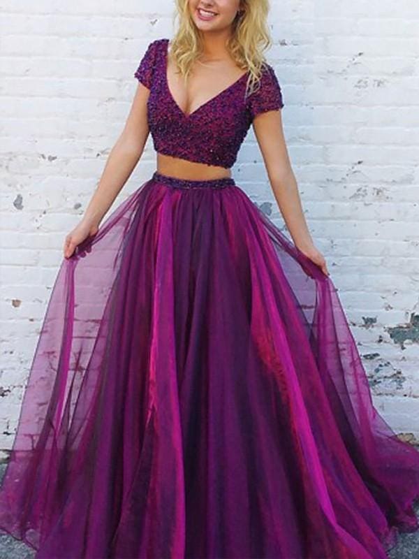 V-Neck Short Sleeves Floor-Length With Beading Tulle Two Piece Dresses