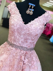 V-Neck Sleeveless Floor-Length A-line With Applique Tulle Dresses
