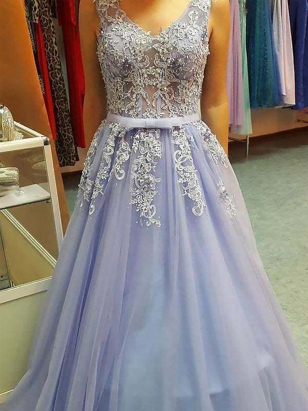 V-Neck Sleeveless Floor-Length A-line With Applique Tulle Dresses