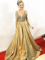 V-Neck Sleeveless Floor-Length A-line With Beading Taffeta Dresses