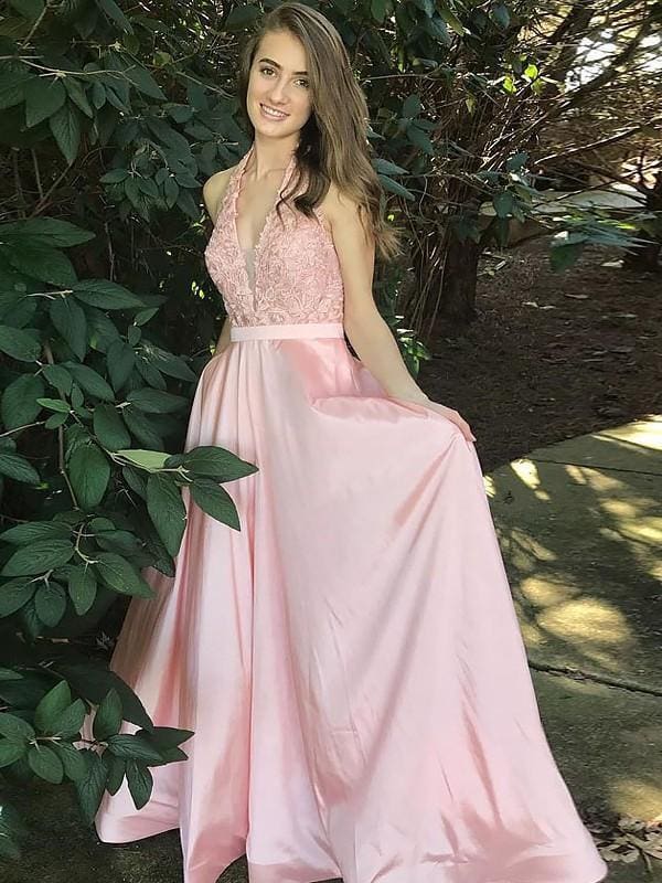 V-Neck Sleeveless Floor-Length A-line With Lace Satin Dresses