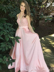V-Neck Sleeveless Floor-Length A-line With Lace Satin Dresses