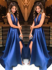 V-Neck Sleeveless Sweep/Brush A-line Train With Ruffles Satin Dresses