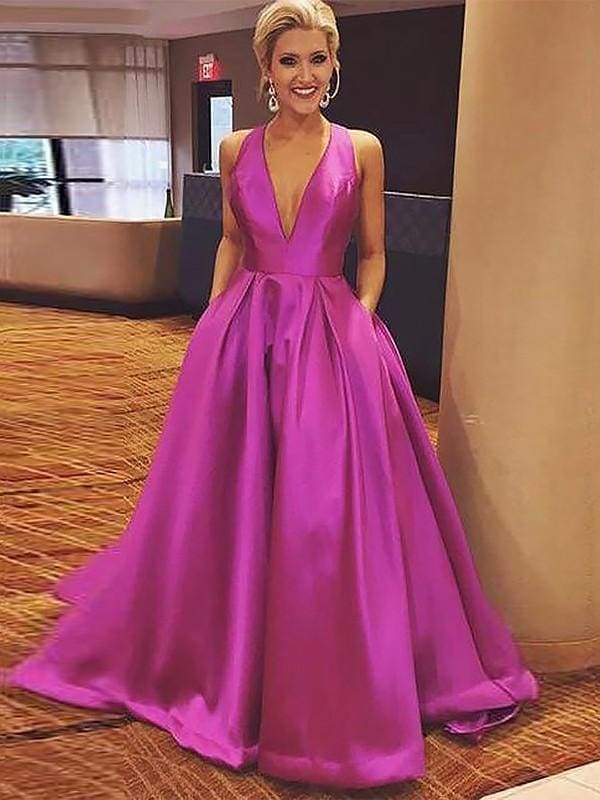 V-Neck Sleeveless Sweep/Brush A-line Train With Ruffles Satin Dresses