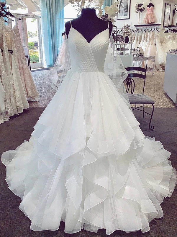 V Neck Spaghetti Straps Puffy White Long Wedding Dress