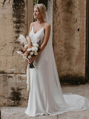 V-Neck Spaghetti Straps Sleeveless Backless Long Bridal Dresses