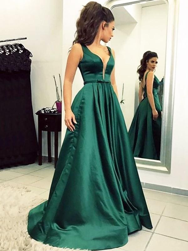 V-Neck Sweep/Brush Train A-line Satin Sleeveless With Ruffles Dresses