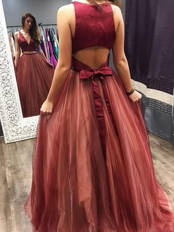 V-Neck Sweep/Brush Train With Ruffles Tulle Two Piece Dresses