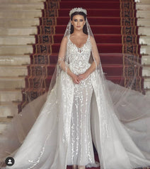 V-neck Tulle Lace Long Mermaid Wedding Dress With Detachable Train