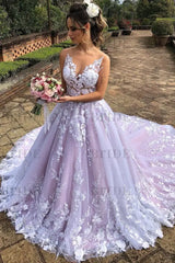 V Neck White Lace Aline Wedding Dress Sleeveless Tulle Ball Gown with Appliques