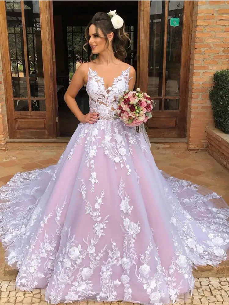 V Neck White Lace Aline Wedding Dress Sleeveless Tulle Ball Gown with Appliques