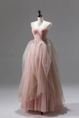 Pink Tulle Lace Long Formal Dress, A-Line Off Shoulder Pink Prom Party Dress