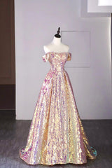 Shiny Sequins Floor Length Prom Dress, Off the Shoulder Evening Party Dress
