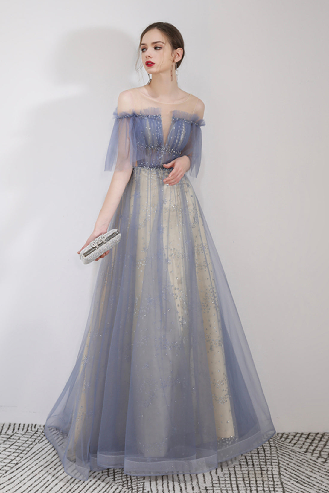 Blue Tulle Sequins Floor Length Prom Dress, A-Line Blue Graduation Dress