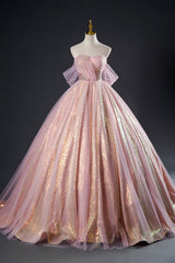 Shiny Tulle Sequins Long Prom Dress, Beautiful Pink Formal Dress Sweet 16 Dress