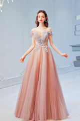 Pink Off the Shoulder Tulle Long Party Dress, Cute A-Line Prom Dress