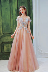 Pink Off the Shoulder Tulle Long Party Dress, Cute A-Line Prom Dress