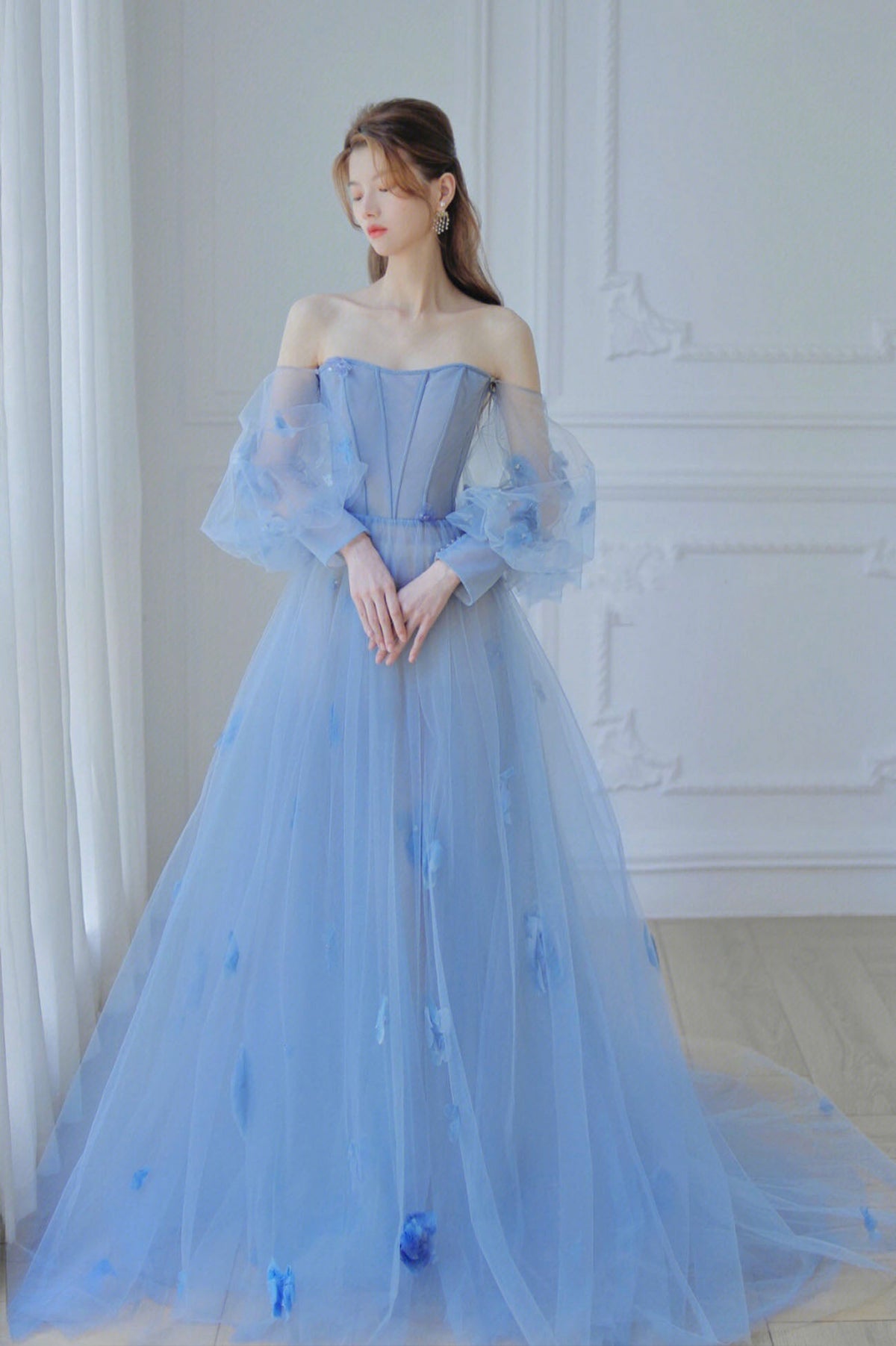 Blue Tulle Long Sleeve Prom Dress, A-Line Off the Shoulder Evening Dress