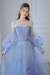 Blue Tulle Long Sleeve Prom Dress, A-Line Off the Shoulder Evening Dress
