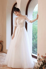 White Puff Sleeves Tulle Party Dress, A-Line Lace Scoop Neckline Evening Dress