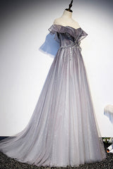 Gray Scoop Neckline Tulle Long Formal Dress, A-Line Evening Graduation Dress