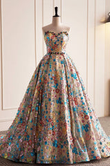 Lovely Sweetheart Floral Sequin Long Prom Dress, A-Line Strapless Evening Dress