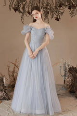 Gray Tulle Long A-Line Prom Dresses, Gray Formal Evening Dresses