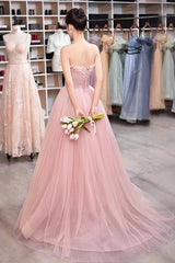 Pink Strapless Tulle Long Prom Dress, Sweet A-Line Party Evening Dress