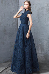 Beautiful Navy Blue Evening Dresses, Blue Lace Floor Length Prom Dresses