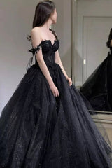 Black Off the Shoulder Tulle Lace Princess Dress, Shiny Tulle Floor Length Evening Party Dress