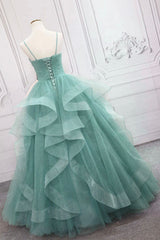 Green Spaghetti Strap Long Prom Dress, Green V-Neck Tulle Evening Dress