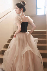Cute Velvet Tulle Long Prom Dress, Beautiful Short Sleeve Evening Dress