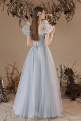 Gray Tulle Long A-Line Prom Dresses, Gray Formal Evening Dresses