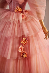 Pink Off the Shoulder Long A-Line Ball Gown, Beautiful Tulle Layers Sweet 16 Dress