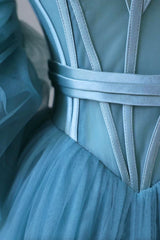 Blue Tulle Long Spaghetti Strap Prom Dress and Corset, Detachable off Shoulder Party Dress