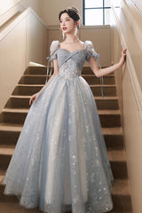 Beautiful Tulle Short Sleeves Formal Dress with Lace, Lovely Blue Long  Prom Dress