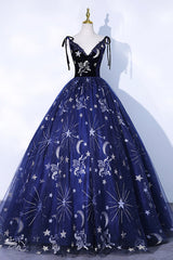 Beautiful Navy Blue Tulle Long Prom Dress, Spaghetti Straps Lace Flower Backless Formal Dress