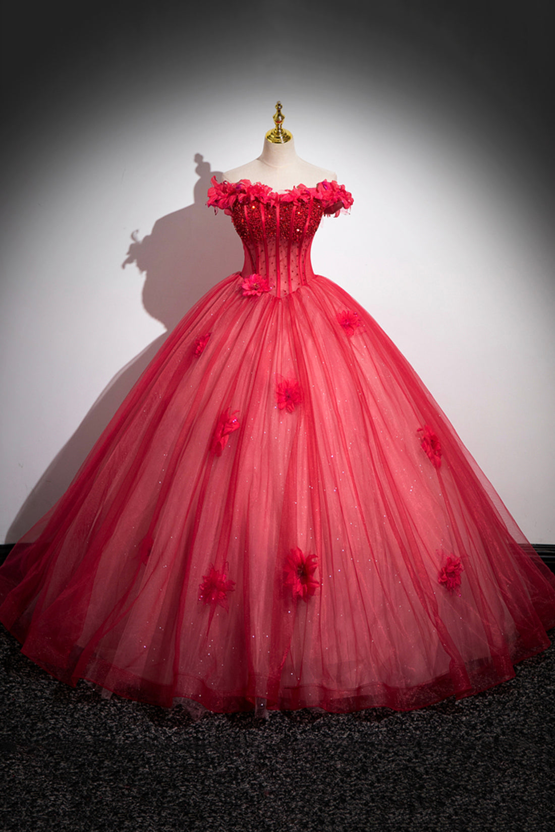 Dark Red Beading Prom Dress with Corset, Off the Shoulder Short Sleeve Floor-Length Party Dress
