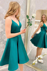 Cute Satin Short Prom Dress, Green V-Neck Party Dress, Green Homecoming Dress