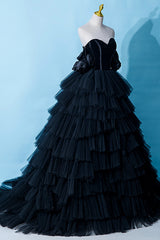 Black Tulle Layers Long Formal Dress, Black A-Line Strapless Evening Dress