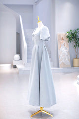 Light Blue Satin Long Prom Dress with Pearls, A-Line Short Sleeve Party Dress